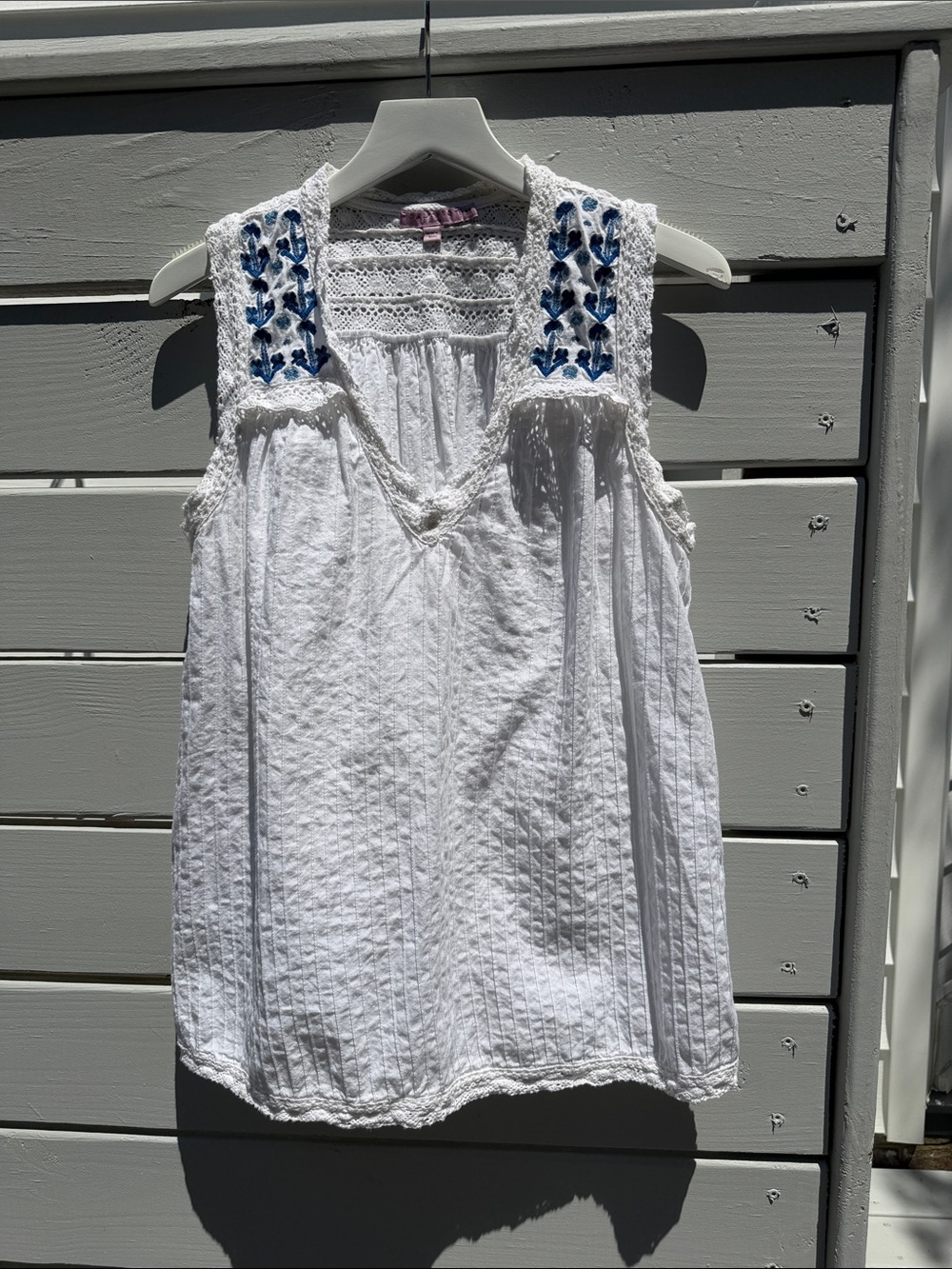 Calypso St. Barth White Sleeveless Top with Blue Embroidery
